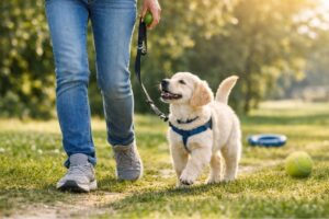 walking a golden retriever puppy
