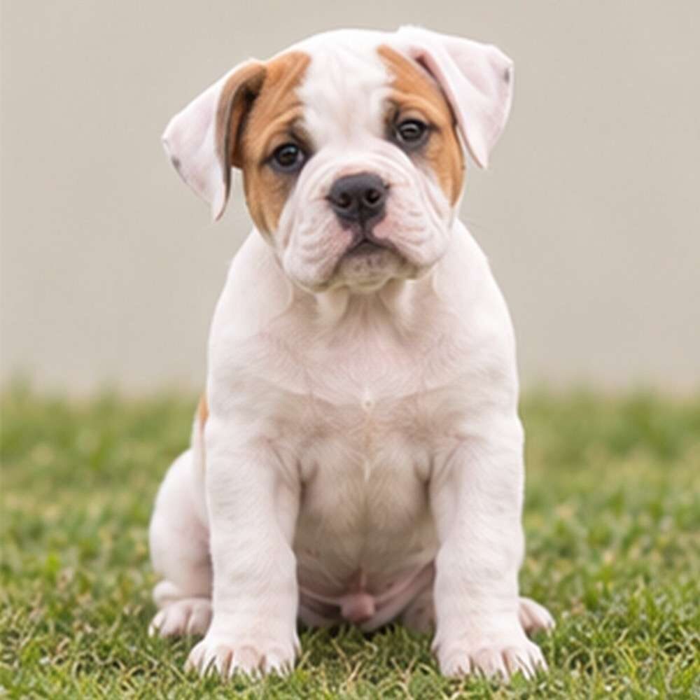 Muscular white dog with a short coat standing proudly outdoors