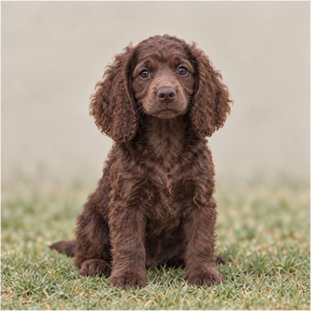 Lively brown dog with wavy coat standing in a grassy field