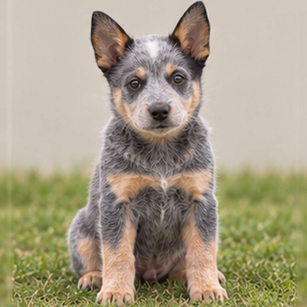 Blue-coated dog with erect ears, standing alert in grassy field