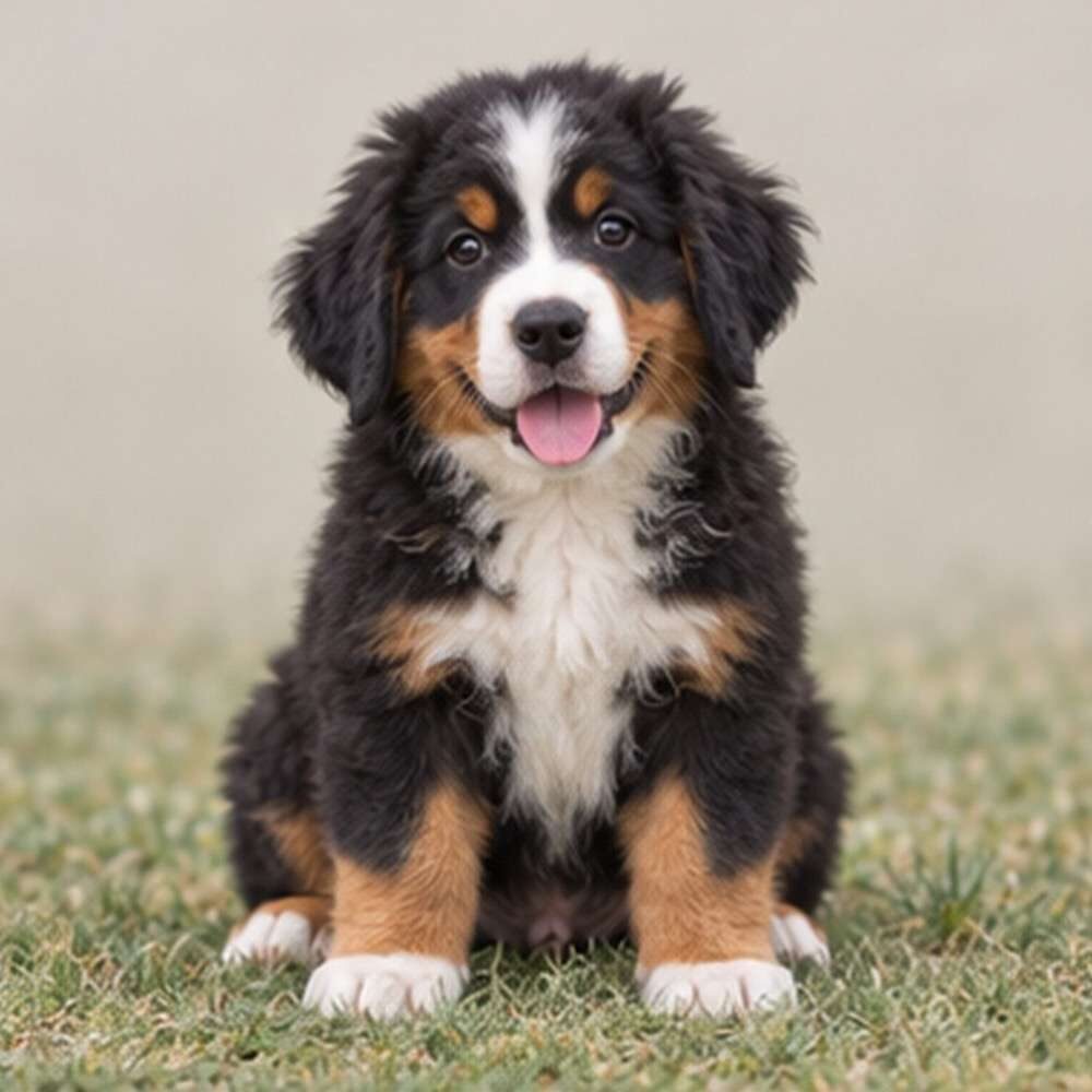 Fluffy black, white, and rust coat with a friendly expression, standing proud