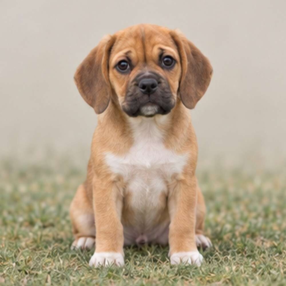 Brown and white dog with a shiny coat, standing alert and playful