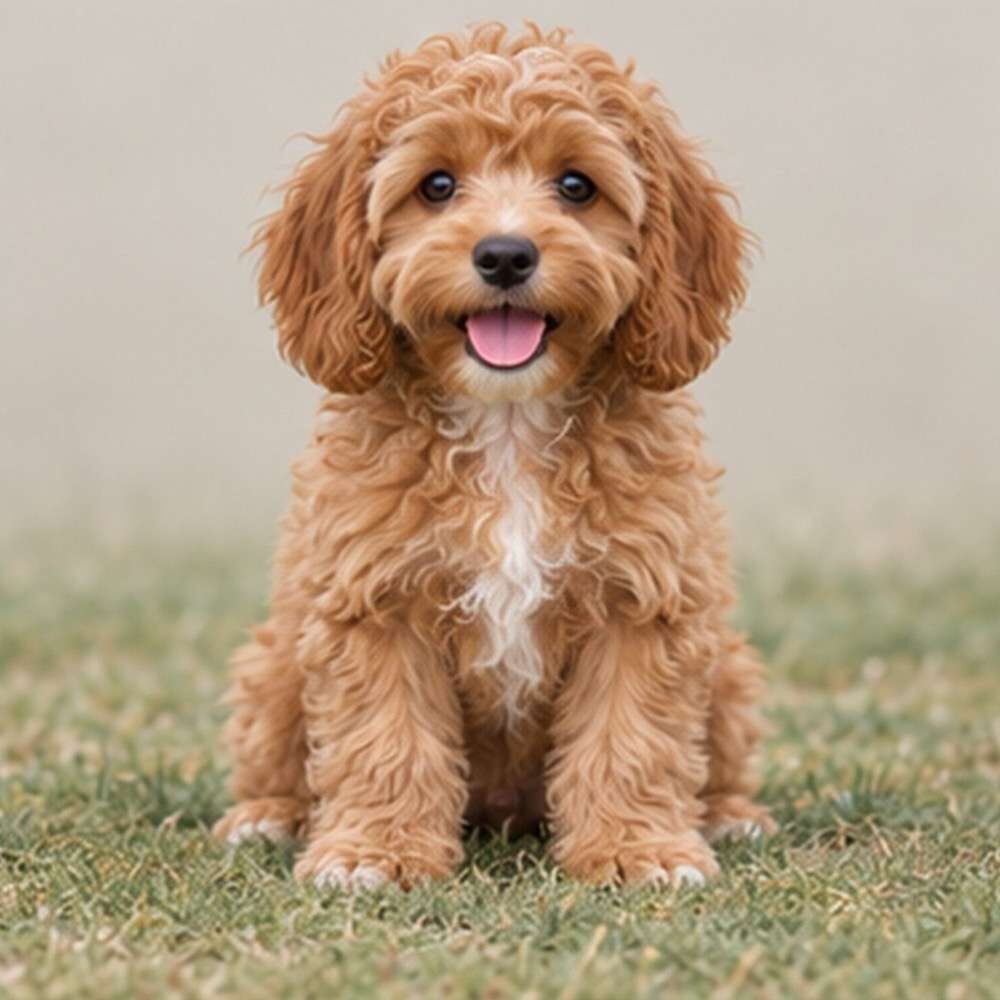 Fluffy Cockapoo with wavy coat, sitting playfully with a happy expression