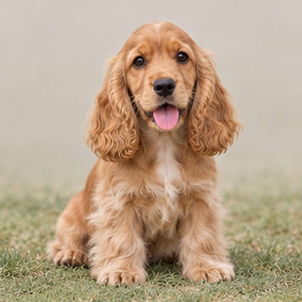 Golden-brown Cocker Spaniel with wavy coat sitting proudly on grass