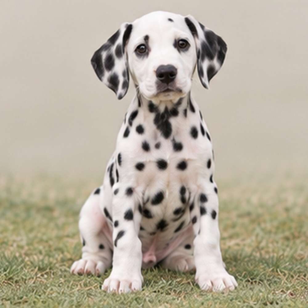 Spotted white coat, standing proudly with alert expression and perked ears
