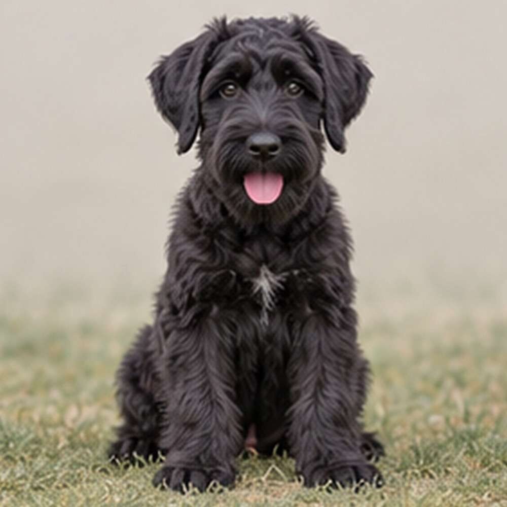Large black dog with a dense, wiry coat standing proudly
