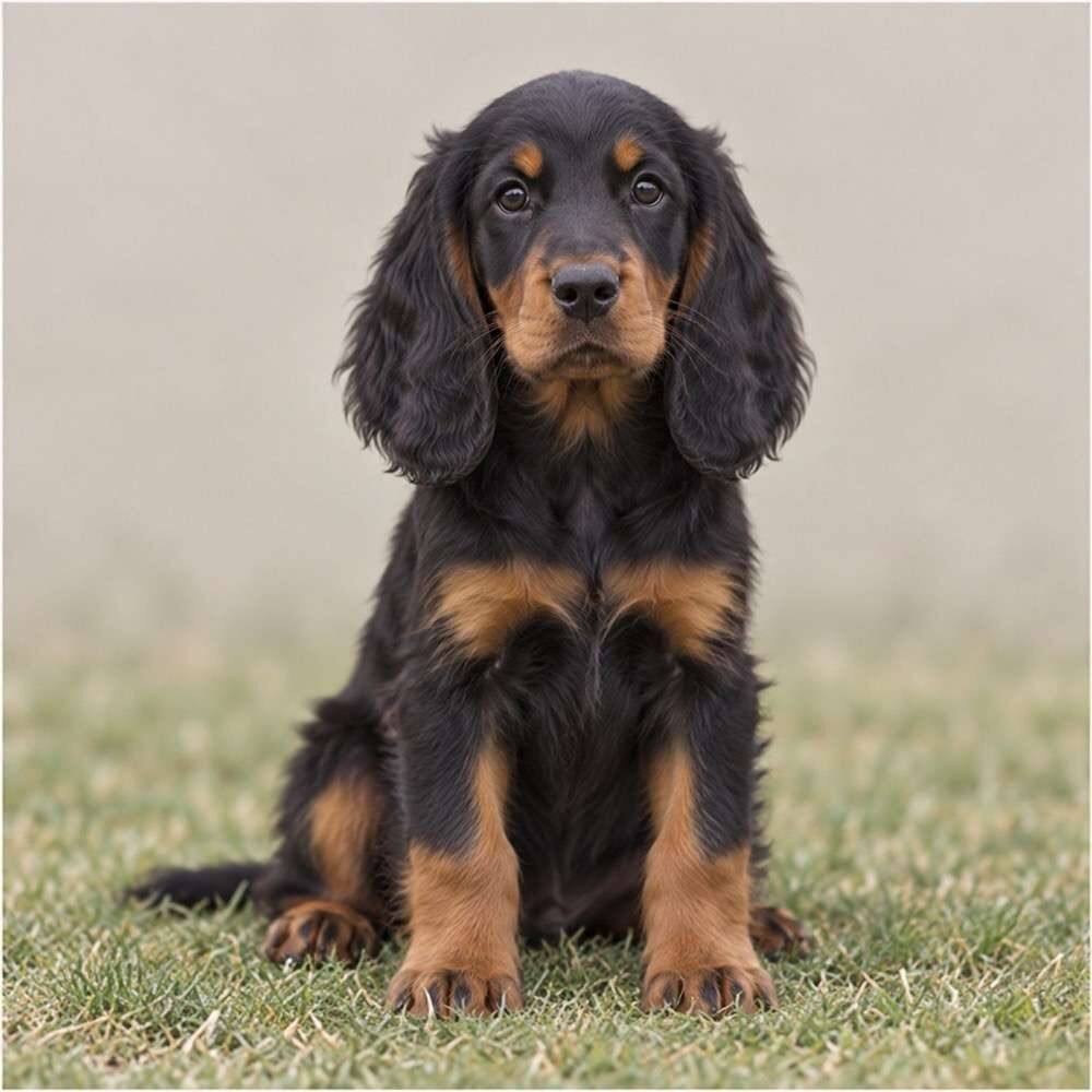 A majestic black and tan Gordon Setter standing proudly in a lush field