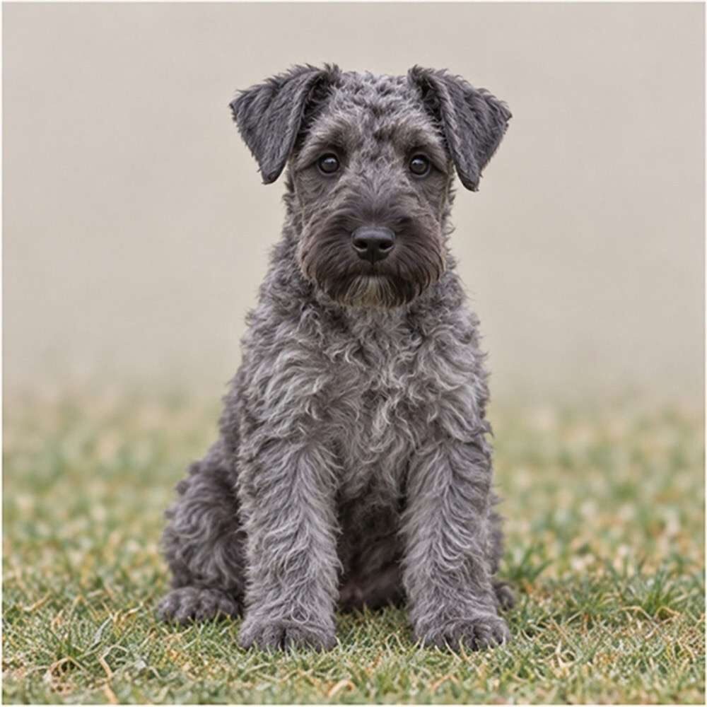 Fluffy, curly blue-gray coat with a playful stance and alert expression