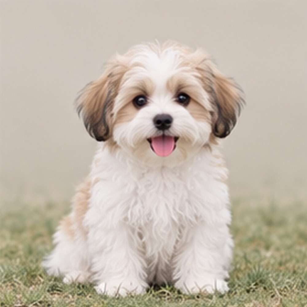 Fluffy Malshi with a white and cream coat sitting playfully on grass
