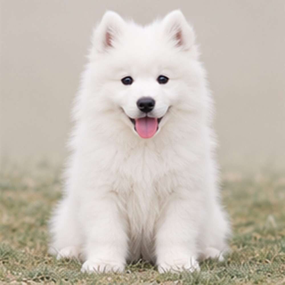 Fluffy white dog with a happy expression, standing proudly outdoors