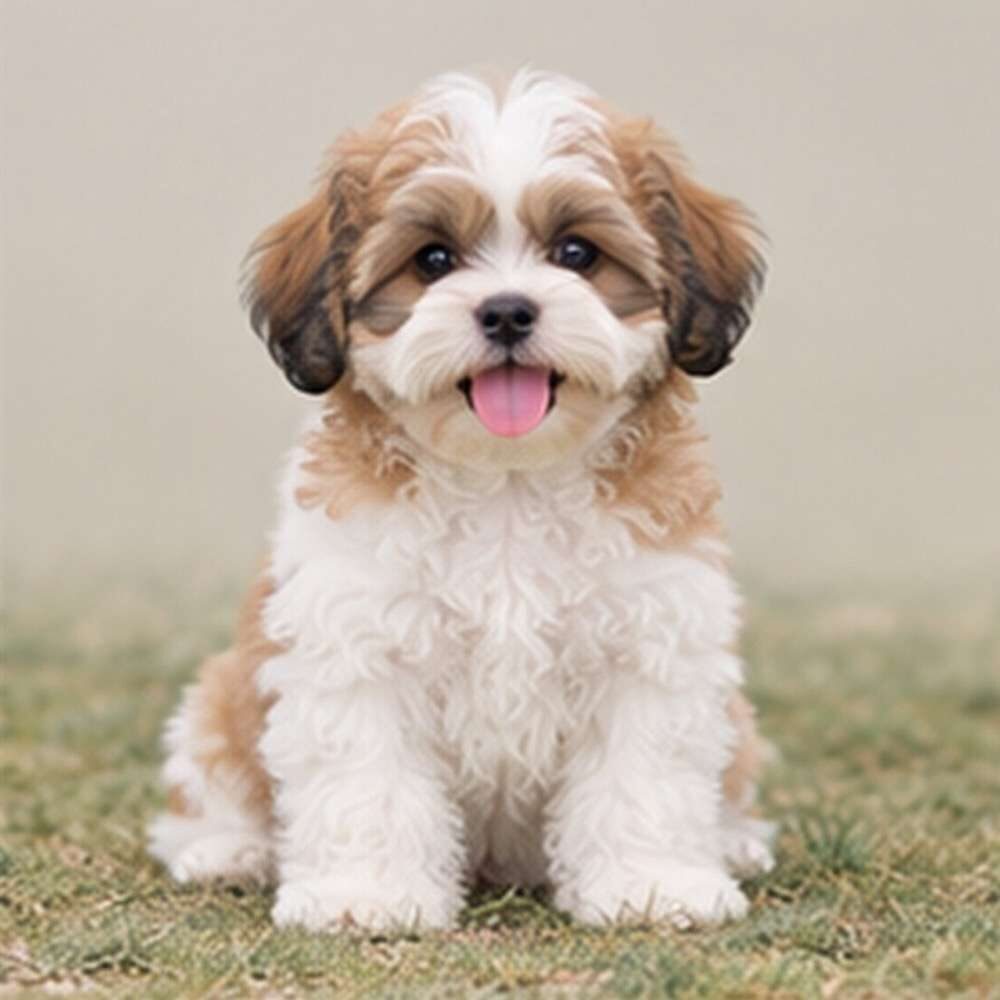 Fluffy, curly coat in shades of white and cream, sitting playfully